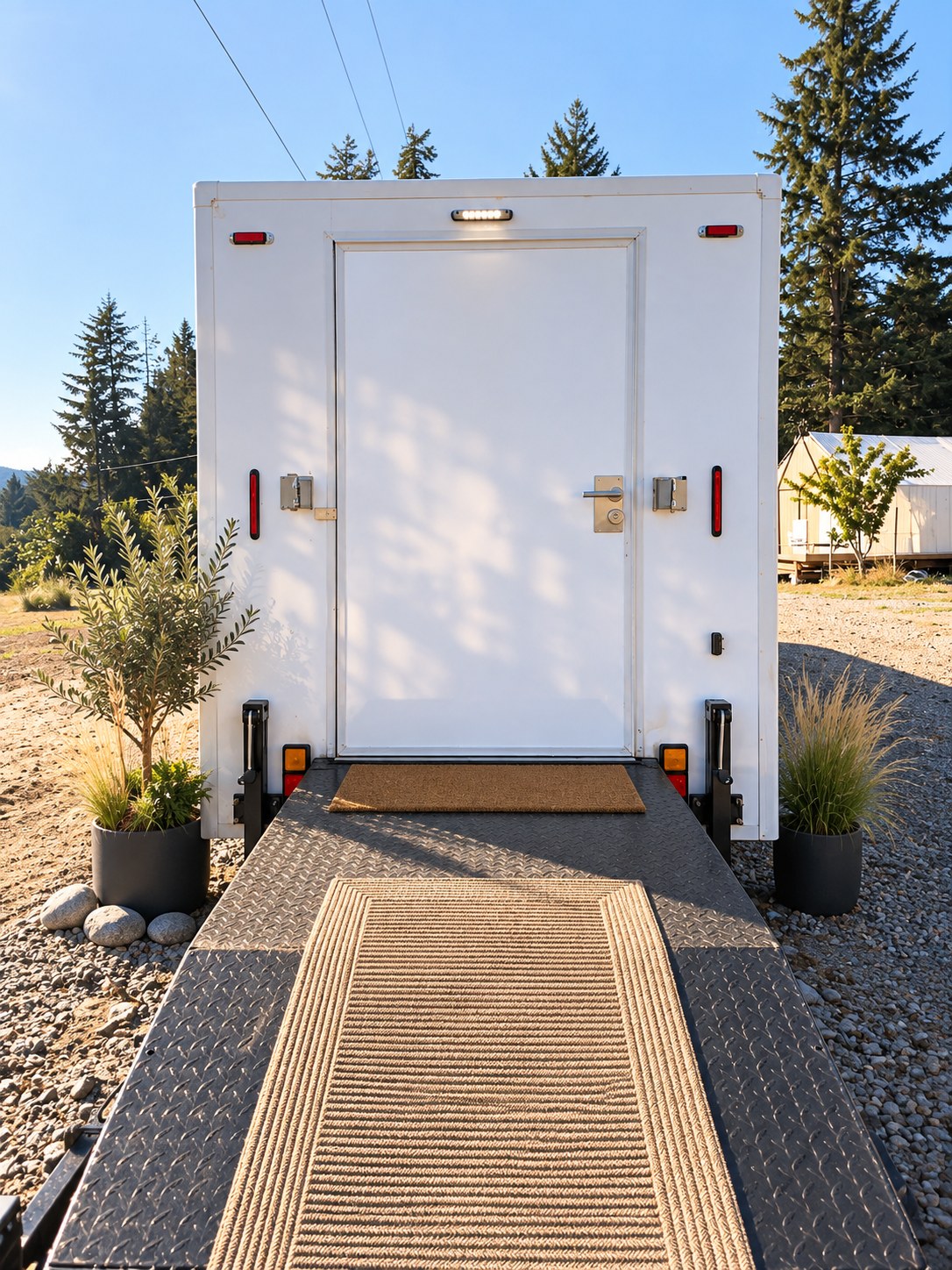 The accessible bathroom stall's ramp entrance