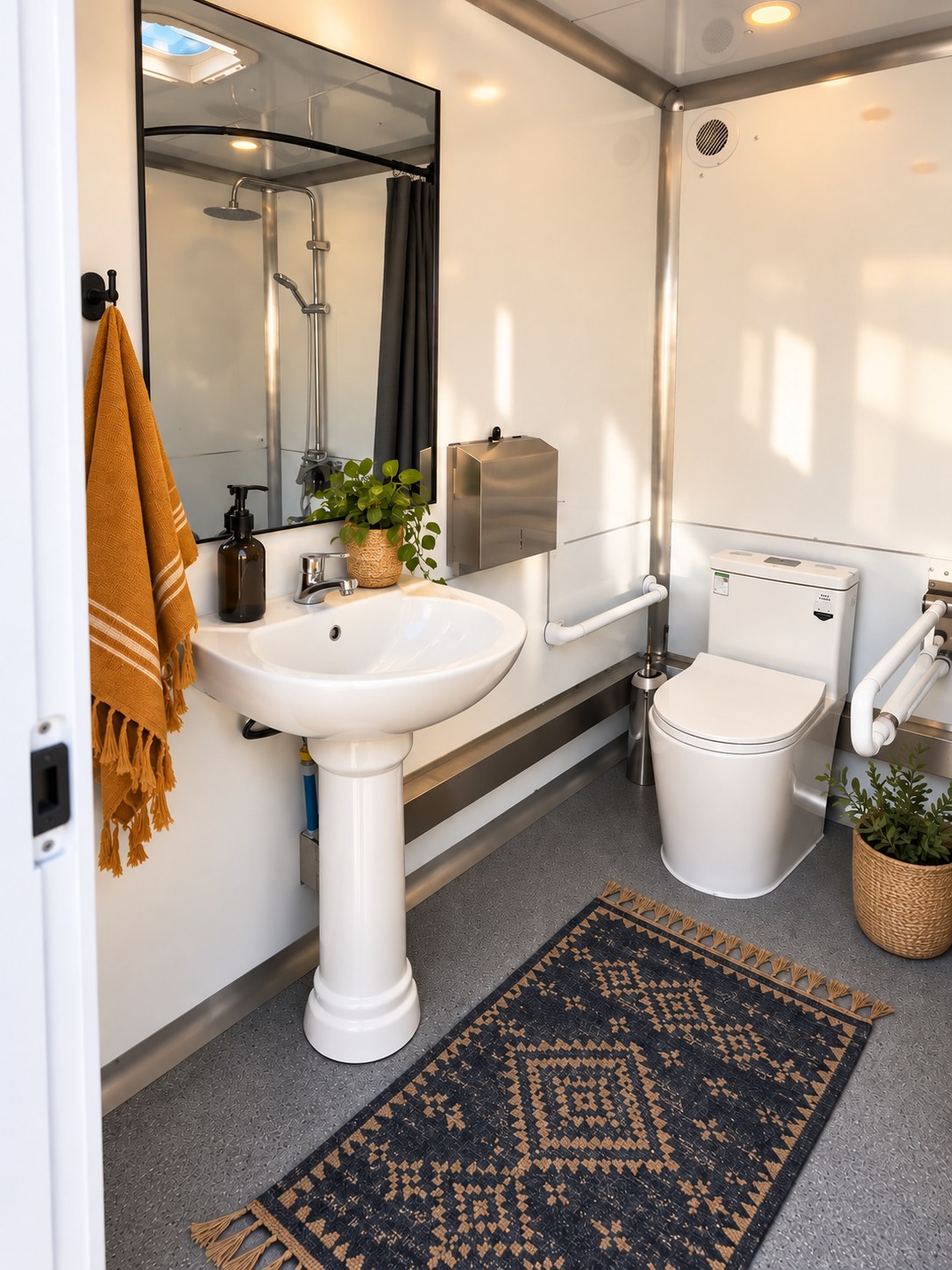 Inside the accessible bathroom stall, with grab bars and a roll-in shower