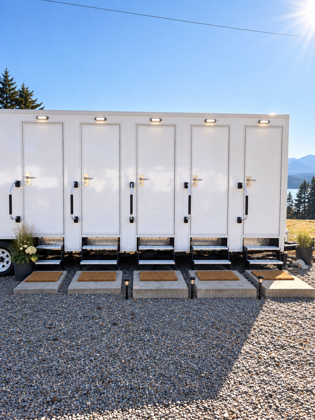 The bathroom and shower stalls overlooking the sound