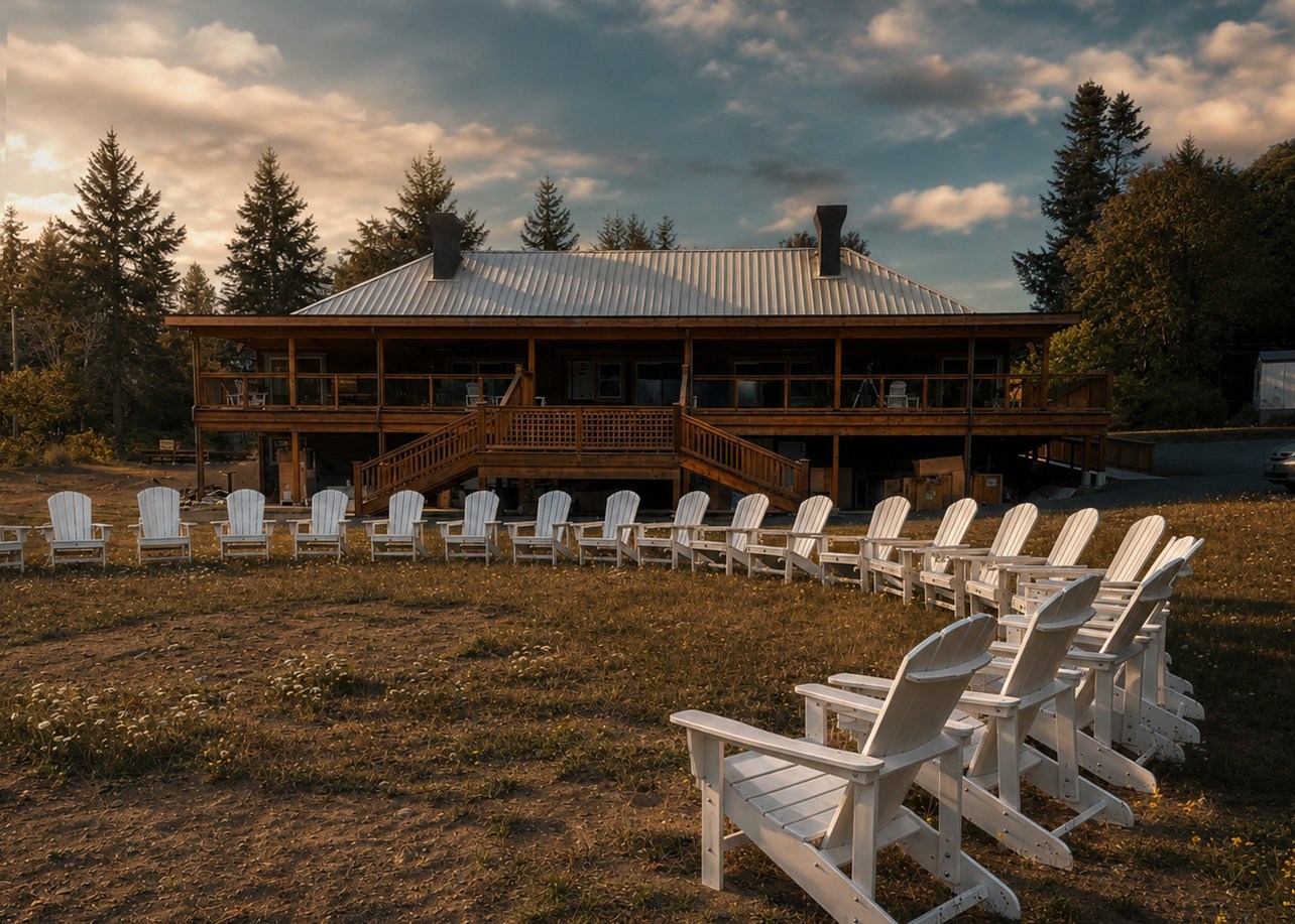 The main gathering hall at golden hour