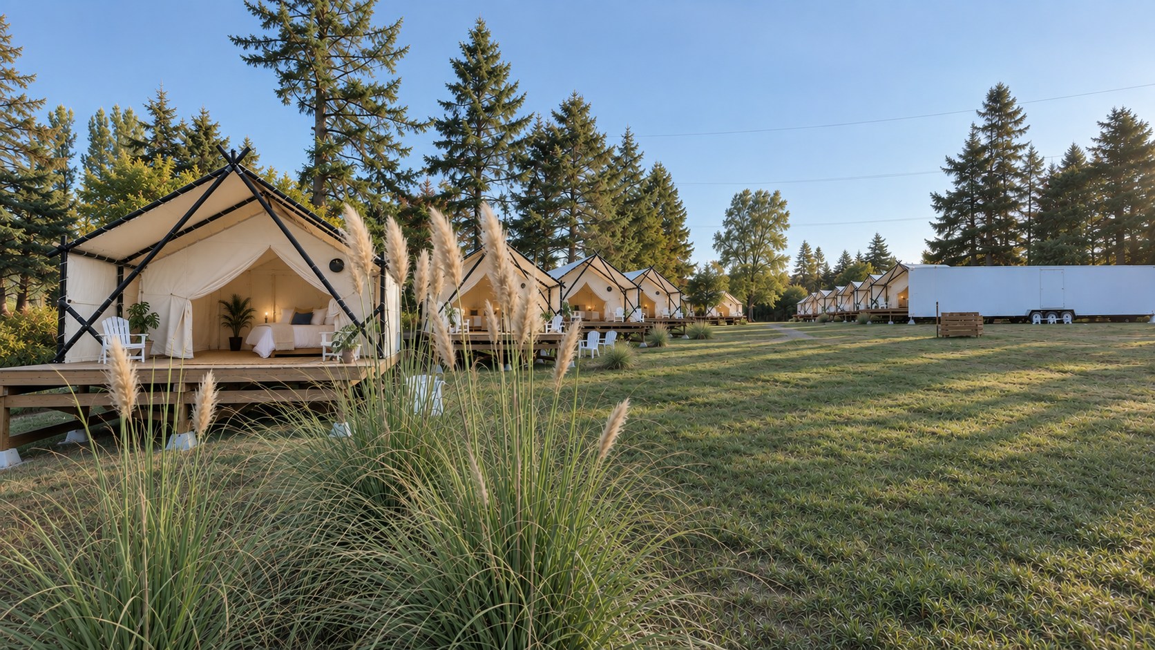The canvas tents in a row among the trees at golden hour